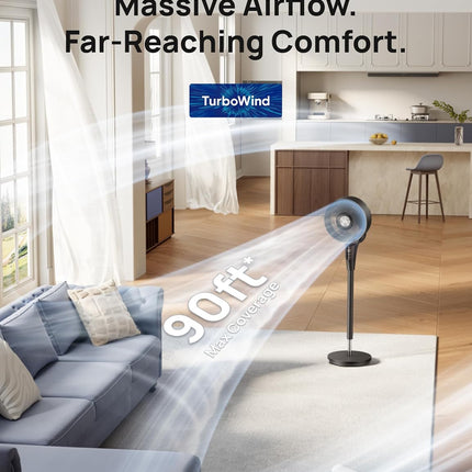 DREO Fan for Bedroom, 2026 Upgraded, 90Ft Airflow, 20Db Quiet Fan, 90° Oscillating Standing Fan for Whole Room, DC Motor, 8+H Speeds, 3 Modes, 38-42'' Adjustable Height, 8H Timer, 105° Manual Vertical