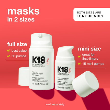 K18 Leave-In Molecular Repair Hair Mask, Patented, Lasting Repair for Dry, Frizzy, Damaged Hair, Reverse Damage in 4 Minutes from Bleach, Color, Chemical Services + Heat