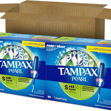Pearl Tampons for Women, with Leakguard Braid, Super Absorbency, Unscented, 100 Count (2 Packs of 50)