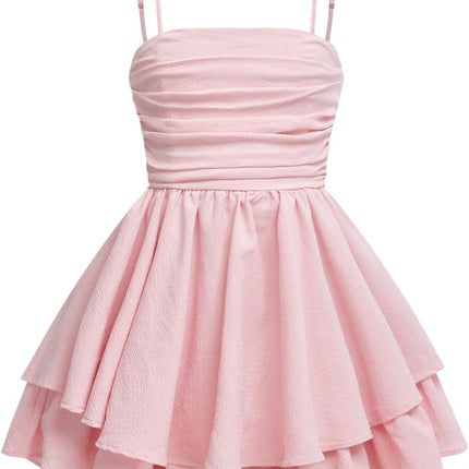 Girl'S Flowy Cami Dress Ruched Sleeveless Pink Layered Ruffle Kawaii Short Smocked Summer Dresses