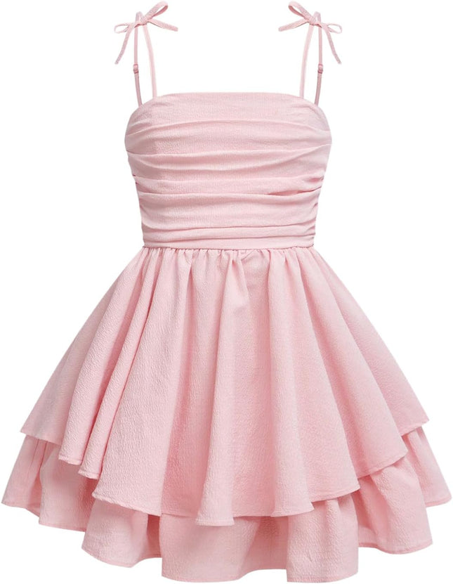 Girl'S Flowy Cami Dress Ruched Sleeveless Pink Layered Ruffle Kawaii Short Smocked Summer Dresses