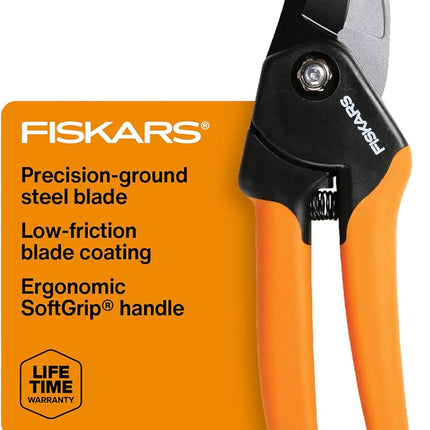 Fiskars Bypass Pruning Shears, 5/8" Cut Capacity Gardening Scissors, Self-Cleaning Sap Groove Prevents Sticking, Non-Slip Grip for Cutting Stems & Branches, Sharp Steel Blades W/ Low-Friction Coating
