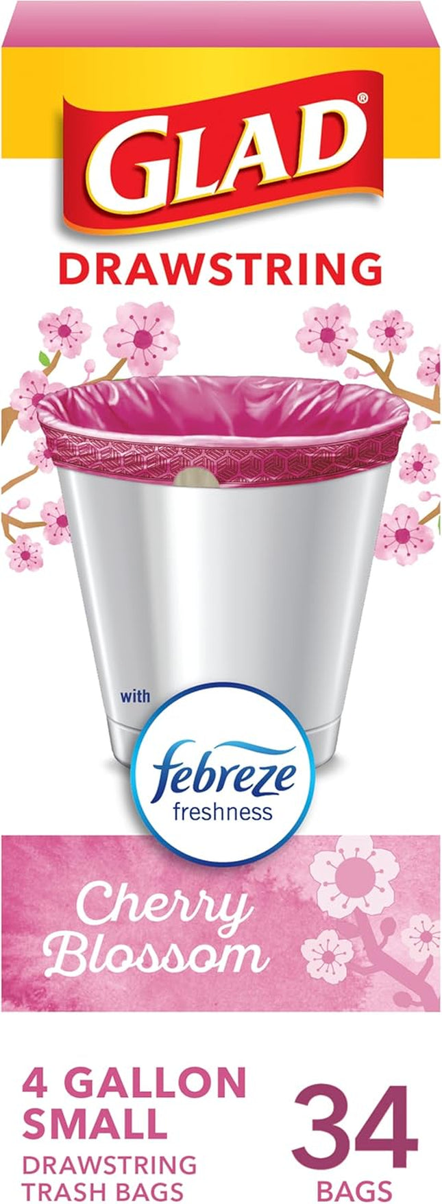 Small Trash Bags 4 Gallon, Febreze Cherry Blossom Garbage Bags, Odor Resistant with Drawstring, 34 Count