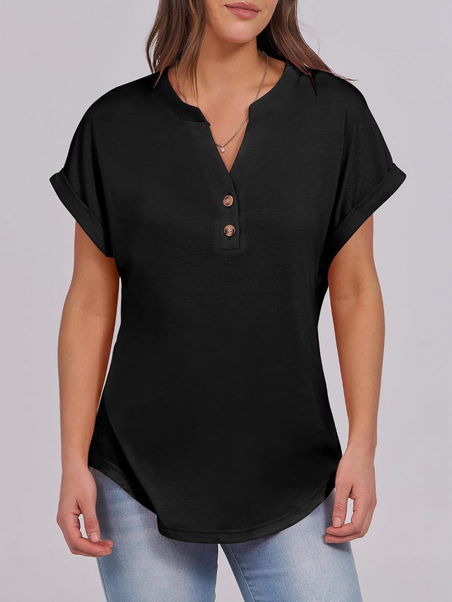 Womens Short Sleeve Henley Tops V Neck Dressy Casual Blouses Summer Trendy Tee Shirts 2026 Vacation Fashion Clothes