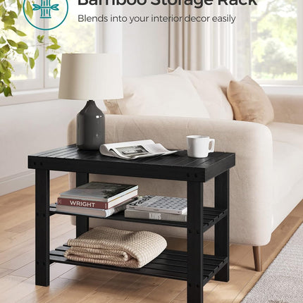 SONGMICS Shoe Rack Bench, 3-Tier Bamboo Shoe Storage Organizer, Entryway Bench, Holds up to 286 Lb, 11.3 X 27.6 X 17.8 Inches, for Entryway Bathroom Bedroom, Ink Black ULBS04H