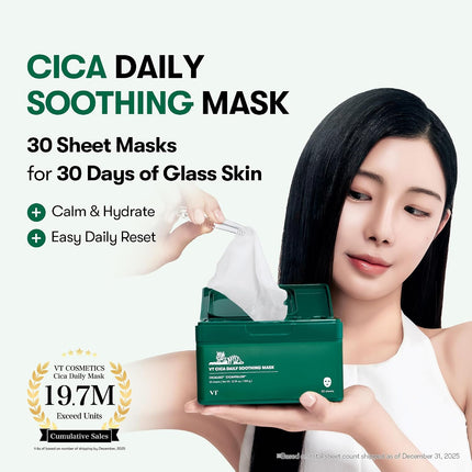 CICA Daily Soothing Mask, 30 Sheet Face Masks for Sensitive Skin, Centella Asiatica & Triple Hyaluronic Acid, Hydrating Korean Sheet Mask for Redness, Dryness & Skin Barrier Care