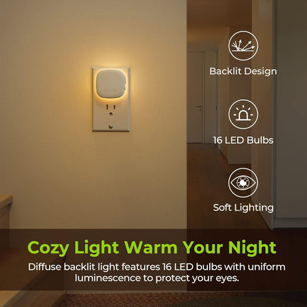 Plug-In LED Backlit Night Light with Motion Sensor & Dusk to Dawn Sensor, 2200K Soft Warm White Nightlight with 1-50Lm Dimmable Brightness for Adults & Kids' Bedroom, Bathroom, Hallway (4 Packs)