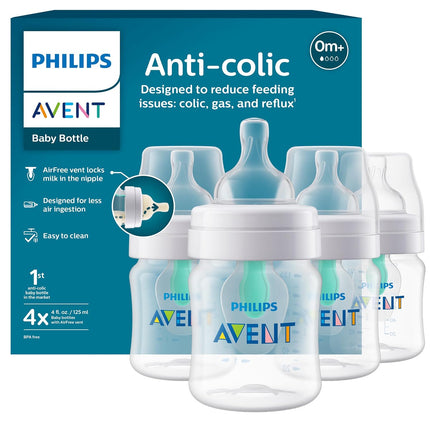 Anti-Colic Baby Bottle with Airfree Vent, Slow Flow 1 Nipple, 0M+, 4Oz, 4 Pack, Clear, SCY701/04