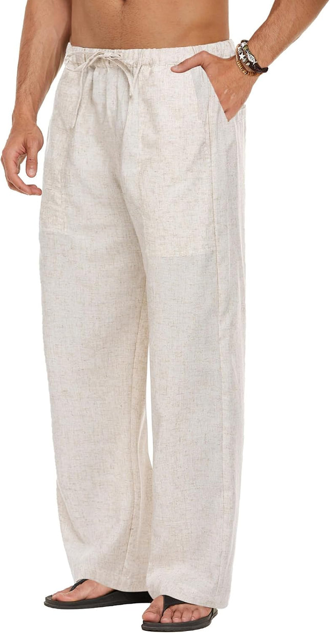 Men'S Linen Pant Elastic Waist Linen Pants Drawstring Summer Beach Pant