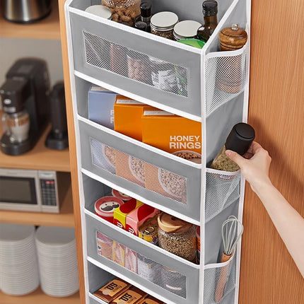 over the Door Organizer Storage, 5 Shelf Hanging Door Organizer with 5 Large Capacity Pockets, anti Tilt 44 Lb Load behind Door Storage for Bedroom, Bathroom, Pantry, Nursery, (Grey)
