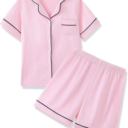 Girls Pajamas 2 Piece Summer Soft Silk Satin Short Sleeve Pajama Set Cute Pjs Sleepwear for Kids Size 6-16 Years
