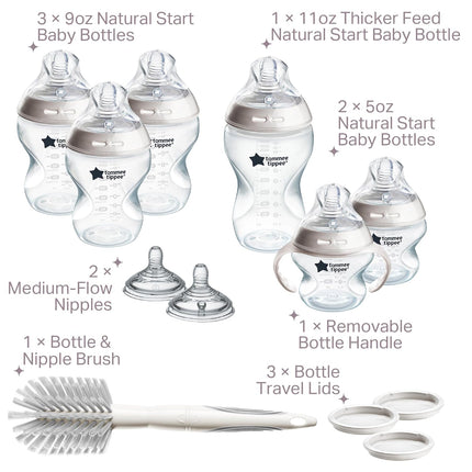 Natural Start 12 Piece BPA Free Bottle Set, Includes 2 X 5 Oz, 3 X 9 Oz, 1 X 11 Oz Bottles, Newborn 0+ Months, Slow, Medium & Thicker Flow Breast-Like Nipples, Cleaning Brush, Clear