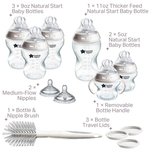 Natural Start 12 Piece BPA Free Bottle Set, Includes 2 X 5 Oz, 3 X 9 Oz, 1 X 11 Oz Bottles, Newborn 0+ Months, Slow, Medium & Thicker Flow Breast-Like Nipples, Cleaning Brush, Clear