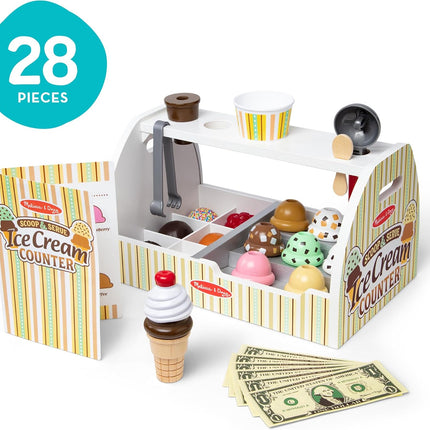 Melissa & Doug Wooden Scoop & Serve Ice Cream Counter, Pretend Play Store, 28 Toy Food & Play Kitchen Accessories, Preschool Toys for Girls & Boys 3+