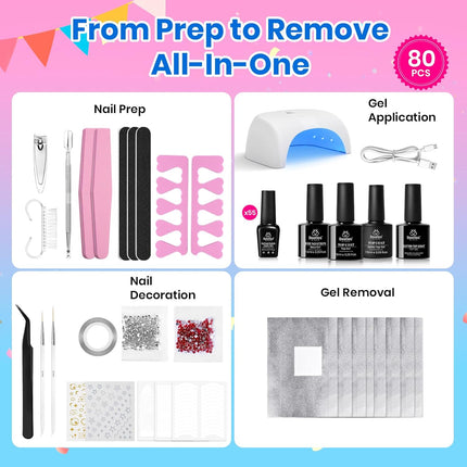 Beetles Gel Nail Polish Kit with U V Light - 80Pcs Color Enchantment 55 Colors Gel Nail Kit with Everything Base Top Coat Beginner Starter at Home Nails Kit Manicure DIY Salon Tools Gifts for Women