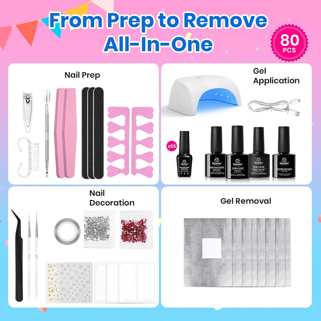 Beetles Gel Nail Polish Kit with U V Light - 80Pcs Color Enchantment 55 Colors Gel Nail Kit with Everything Base Top Coat Beginner Starter at Home Nails Kit Manicure DIY Salon Tools Gifts for Women