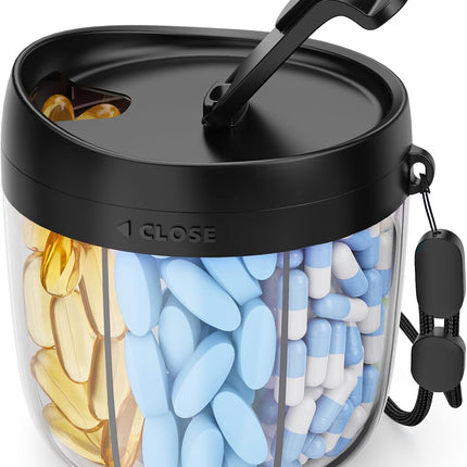 Cute Pill Dispenser with 7 Large Compartments, Portable Pill Bottle Organizer with Wide Opening for Easy Use, Anti-Mix Pill Organizer for Travel, Bpa-Free Pill Container, Black