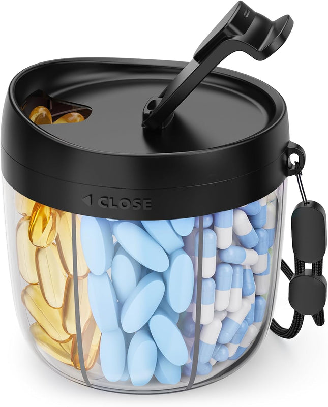 Cute Pill Dispenser with 7 Large Compartments, Portable Pill Bottle Organizer with Wide Opening for Easy Use, Anti-Mix Pill Organizer for Travel, Bpa-Free Pill Container, Black