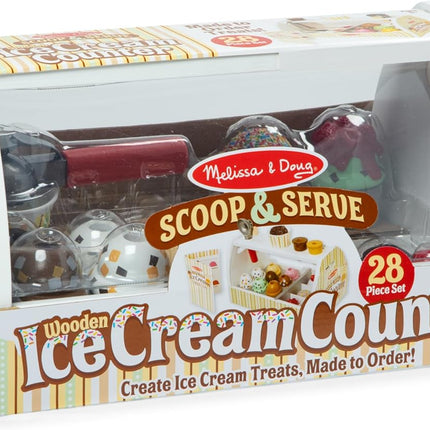 Melissa & Doug Wooden Scoop & Serve Ice Cream Counter, Pretend Play Store, 28 Toy Food & Play Kitchen Accessories, Preschool Toys for Girls & Boys 3+