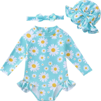 Baby Girl Swimsuit Long Sleeve One-Piece Swimwear with Hat Rash Guard Ruffle Floral Zipper Beach Infant Bathing Suit