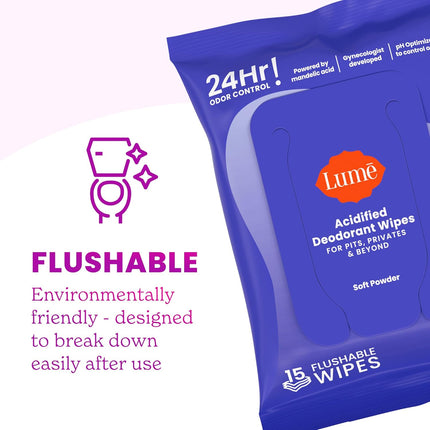 Acidified Deodorant Wipes - 24 Hour Odor Control - Whole Body Deodorant Wipes - Aluminum Free, Baking Soda Free, Skin Loving - Flushable - 15 Count - 3 Pack (Soft Powder)