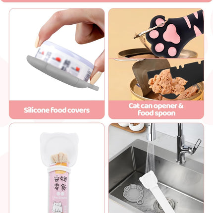 5 PCS Cat Food Can Covers Lids Set, Silicone Pet Food Can Lids with Multi-Function Cat Food Spoon and Opener, Cat Bar Squeezer, Stainless Steel Wet Food Spoon for Cats and Dogs (Pink) (Black Pink)