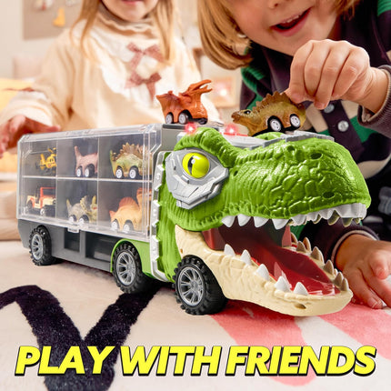 13 in 1 Dinosaur Toys for Kids 3-5, Transport Dinosaur Carrier Truck with 12 Pull Back Cars, Toddler Toys 3-4， Birthday Gifts for 3 4 5+ Year Old Boys