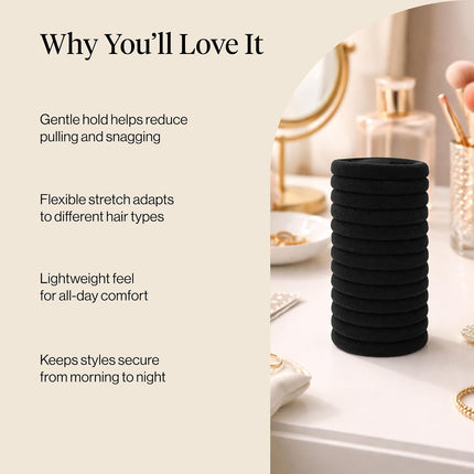 Kitsch Nylon Hair Ties No Damage - Stretchable Hair Bands for Strong All-Day Hold, Ponytail Holders | Hair Accessories for Girls | Ideal Gifts for Women - Black, 12 Pcs