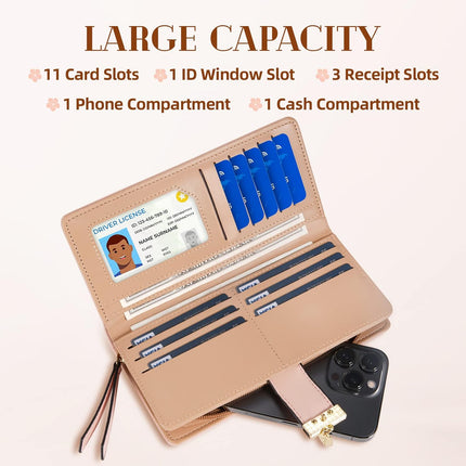 Women'S Long Leaf Bifold Wallet Leather Card Holder Purse Zipper Buckle Elegant Clutch Wallet Handbag for Women - Pink