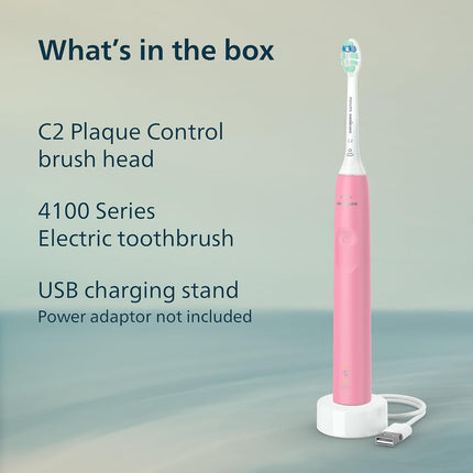 4100 Series Electric Toothbrush - Sonic Toothbrush with Advanced Sonic Technology, Pressure Sensor, Two Intensity Settings, Smartimer & Quadpacer, Deep Pink, Model HX3681/26