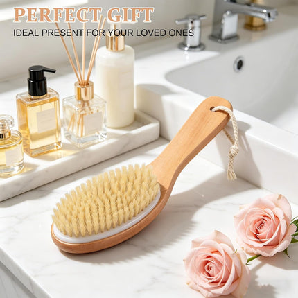 Dry Brushing Body Brush, Natural Boar Bristles Body Scrubber for Bath, Wooden Handle Lymphatic Drainage Brush for Skin Exfoliation and Foot Scrubbing