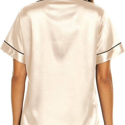 Silk Pajamas for Women Short Sleeve Sleepwear Soft Button down Loungewear 2 Piece Satin Pjs Shorts Set