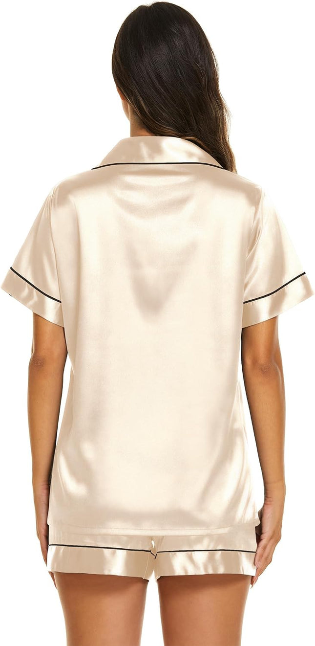 Silk Pajamas for Women Short Sleeve Sleepwear Soft Button down Loungewear 2 Piece Satin Pjs Shorts Set