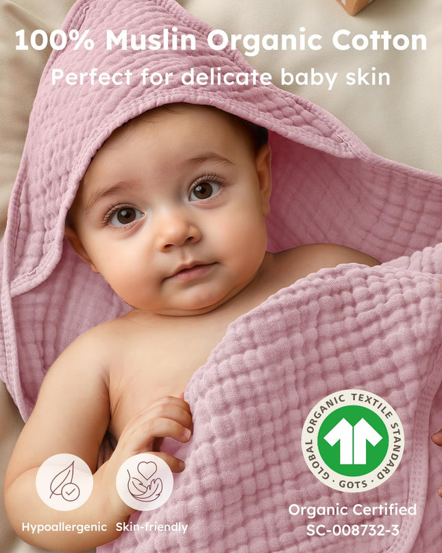 Hooded Baby Towels for Newborn 2 Pack 100% Muslin Organic Cotton Baby Bath Towel with Hood for Babies, Infant, Toddler and Kids, Large 32X32Inch, Soft and Absorbent Newborn Essential