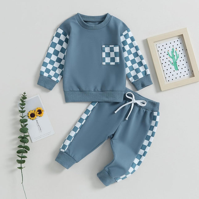 Toddler Baby Boy Fall Outfit Checkerboard Patchwork Long Sleeve Sweatshirts Elastic Waist Pants Cute Newborn Clothes Set