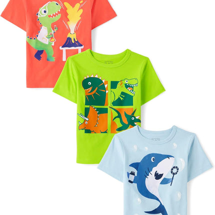 Baby Boys' and Toddler Dino,Animals,Sharks Short Sleeve Graphic T-Shirts,3 Pack
