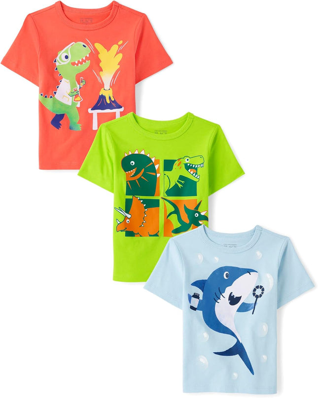 Baby Boys' and Toddler Dino,Animals,Sharks Short Sleeve Graphic T-Shirts,3 Pack