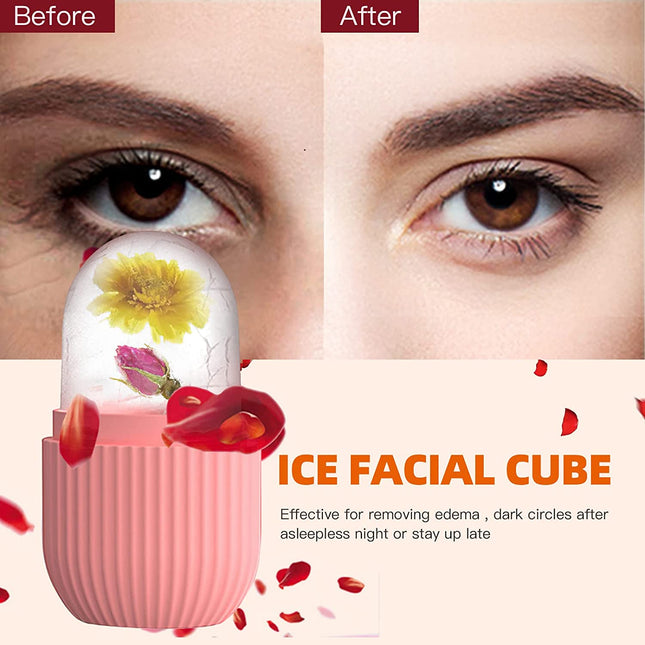 Ice Cube Roller Massager for Face, Eyes and Neck Naturally Conditioning and Skin Care,De-Puff Eye Bags,Reduce Migraine Pain,Reusable Massage Silicone Ice Mold (Pink)