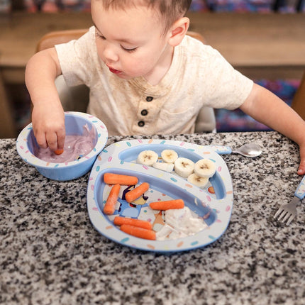 Bluey 4-Piece Place Setting - BPA Free Dishwasher Safe Toddler Dinnerware Set with Divided Plate, Bowl, Fork, Spoon - Multicolor