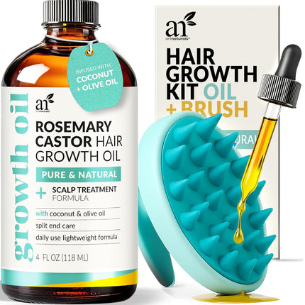 Organic Rosemary Castor Hair Growth Tonic Oil + Massager Hair Regrowth Set, 4 Oz with Coconut & Olive Oil, Scalp Treatment for Dry, Damaged & Split Ends