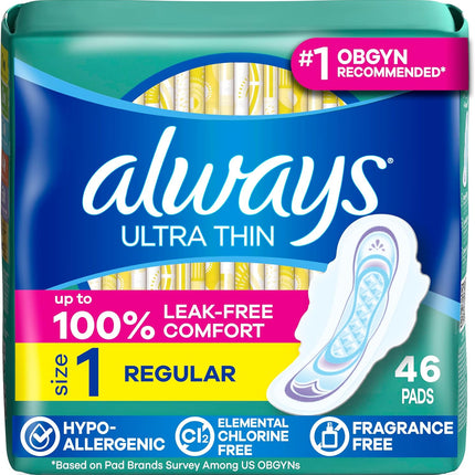 Ultra Thin Feminine Pads with Wings for Women, Size 1, Regular Absorbency, Unscented, up to 100% Leak-Free Protection, 46 Count