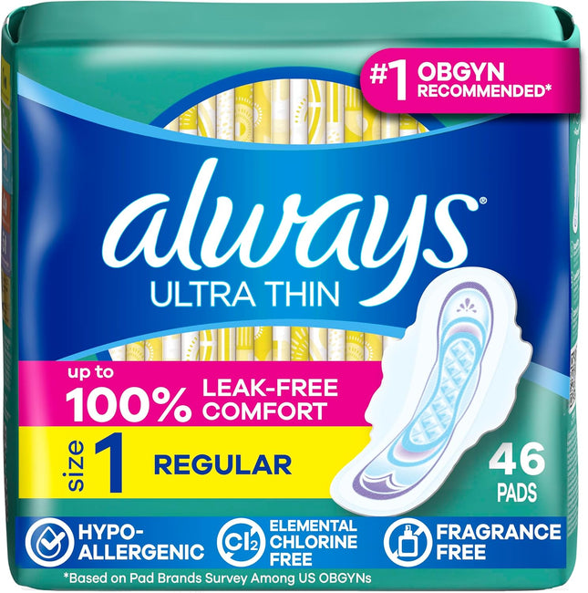 Ultra Thin Feminine Pads with Wings for Women, Size 1, Regular Absorbency, Unscented, up to 100% Leak-Free Protection, 46 Count
