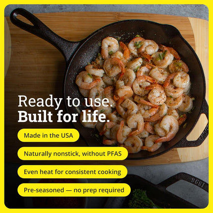 Seasoned Cast Iron Skillet 10.25 Inches - Pfas-Free, Non-Toxic Cookware - Use with an Oven, Stove, Grill, or Campfire - Naturally Non-Stick & Oven Safe | Camping-Cooking-Utensils