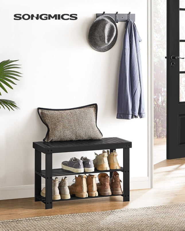 SONGMICS Shoe Rack Bench, 3-Tier Bamboo Shoe Storage Organizer, Entryway Bench, Holds up to 286 Lb, 11.3 X 27.6 X 17.8 Inches, for Entryway Bathroom Bedroom, Ink Black ULBS04H