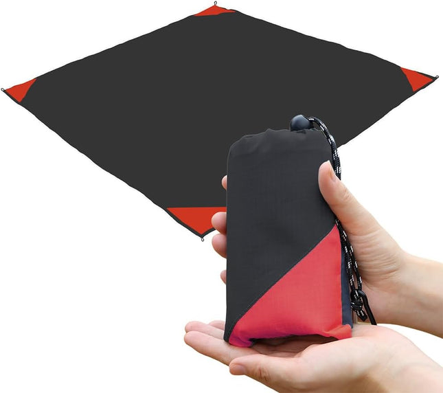 Pocket Picnic Blanket, Beach Mat Waterproof Sandproof, Compact Lightweight Small Tarp for Camping, Hiking, Backpacking, Festival, Travel, Foldable in Bags (Black/Red, 55"X60")