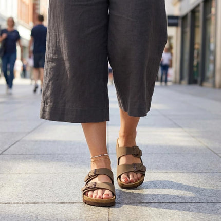 Lane Cork Footbed Womens Sandals Comfortable Double Buckle Slip on Sandals for Women with Arch Support and Classic Two Strap Design