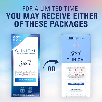 Clinical Strength Invisible Solid Antiperspirant Deodorant for Women, 100HR Sweat & Odor Protection, 3X Stress Protection with Hyaluronic Acid, PH Balanced, Completely Clean Scent, 2.6 Oz