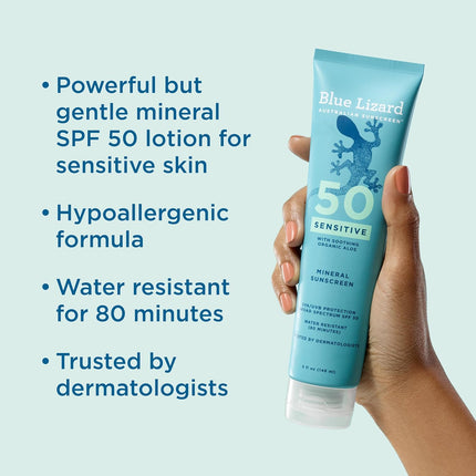 Sensitive Mineral SPF 50 Sunscreen Lotion, 100% Mineral Sunscreen, UVA/UVB Protection, Infused with Organic Aloe Vera, Soothes and Hydrates, 5 Fl Oz