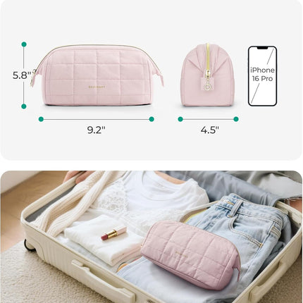 Makeup Bag Travel Toiletry Bag, Puffy Padded Make up Bags for Women Makeup Organizer Case, Wide-Open Pouch Purse Travel Essentials Toiletries Accessories Brushes, Pink