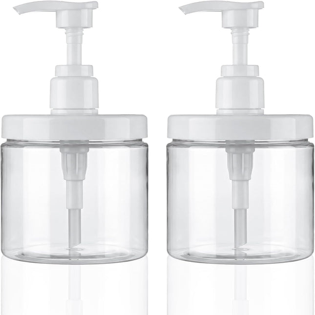 Pump Bottle Dispenser Plastic Refillable Bottles Wide Mouth Jar Style Empty Bathroom Shower Containers for Lotion Shampoo Conditioner (Clear, 2X 500Ml)